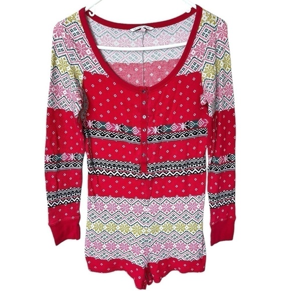 Victoria’s Secret Thermal Henley Holiday Print Pajama Cotton Blend Romper Size M - Picture 2 of 7